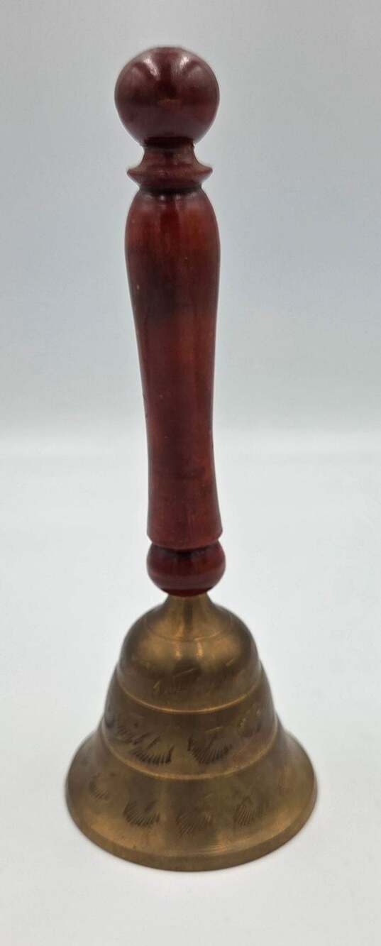 Vintage Handcrafted Brass Bell With Wooden Handle Etched India